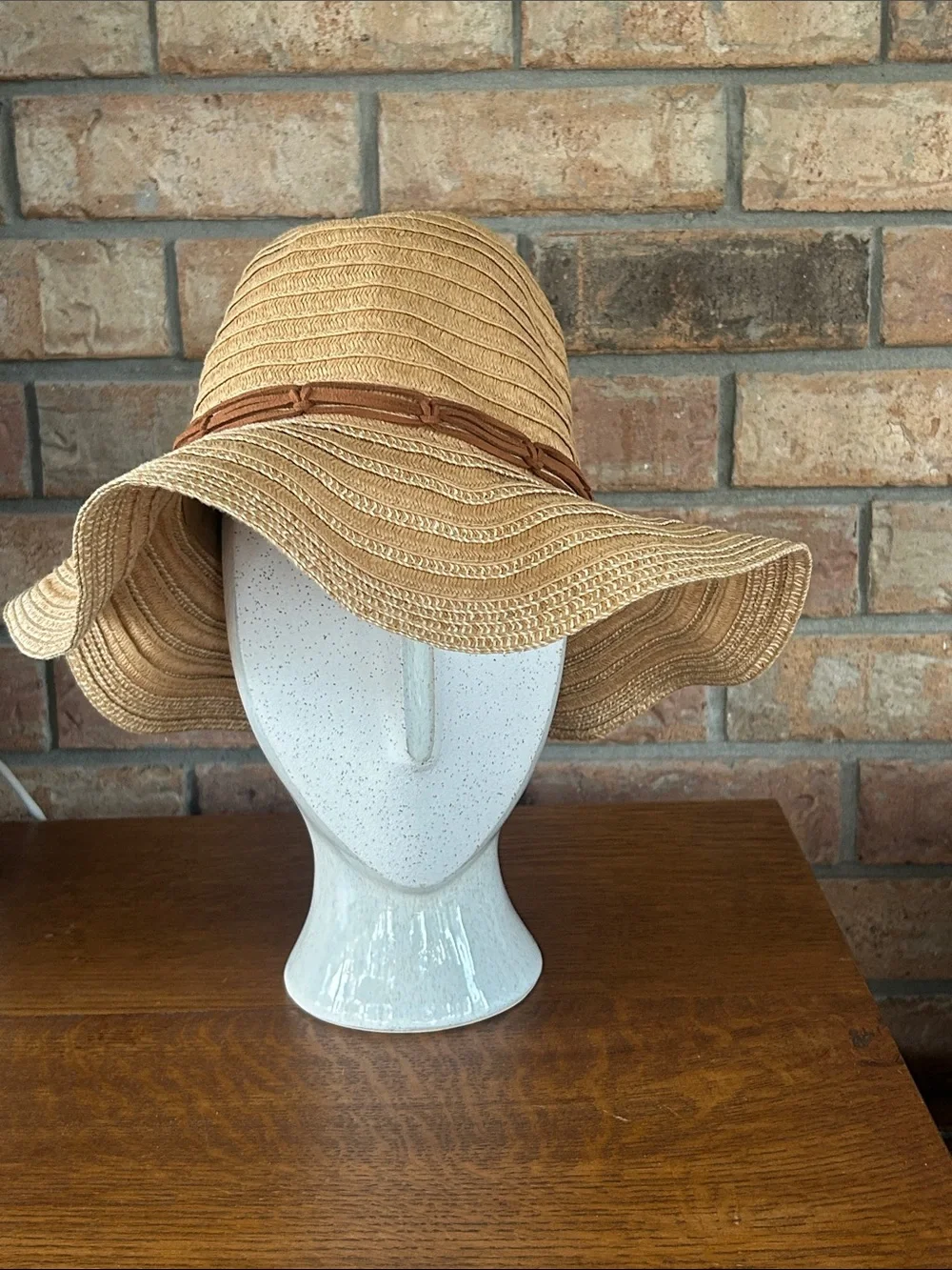 Steve Madden Tan Straw Floppy Sun Hat with Brown Braided Band